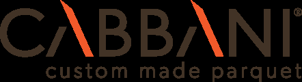 Logo CABBANI custom made parquet, texte brun avec A et I stylisés en orange.