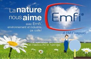 Ciel bleu, nuage en cœur, marguerites. Un homme cartoon près du logo Emfi. Texte: «La nature nous aime, avec Emfi, environnement et industrie, ça colle!», «Spécialiste colles et mastics»