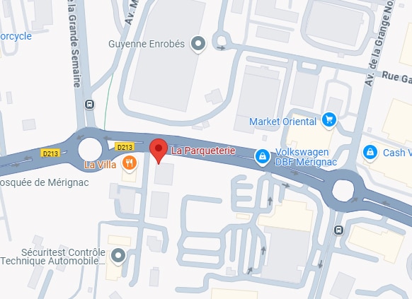 Localisation de La Parqueterie à Mérignac sur le plan. Plan de Mérignac, localisation de La Parqueterie par une punaise rouge sur la route D213 près de La Villa et d'un rond-point.