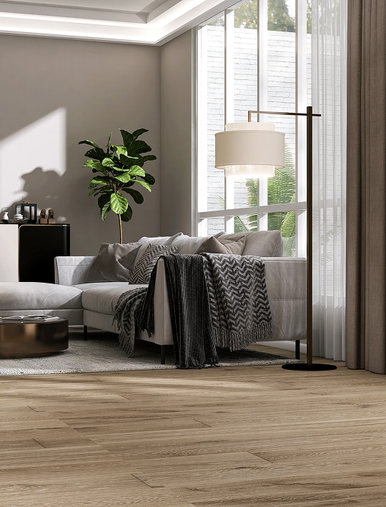 Salon Chaleureux avec Parquet Bois et Design Salon moderne avec canapé gris, jeté, lampe sur pied et parquet en bois clair près d'une grande fenêtre lumineuse.