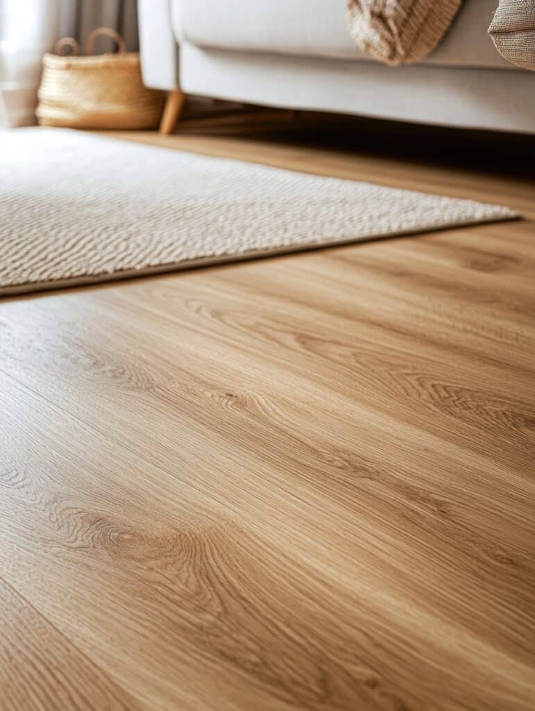 Plancher en bois clair et tapis texturé beige dans un salon moderne. Canapé et panier en osier flous à l'arrière-plan.