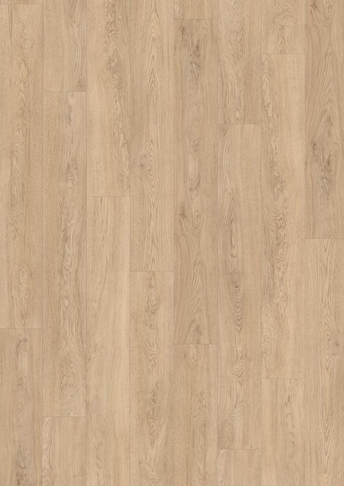 Lattes de parquet chêne clair. Sol flottant ou stratifié beige naturel, texture détaillée avec grain et nœuds visibles.