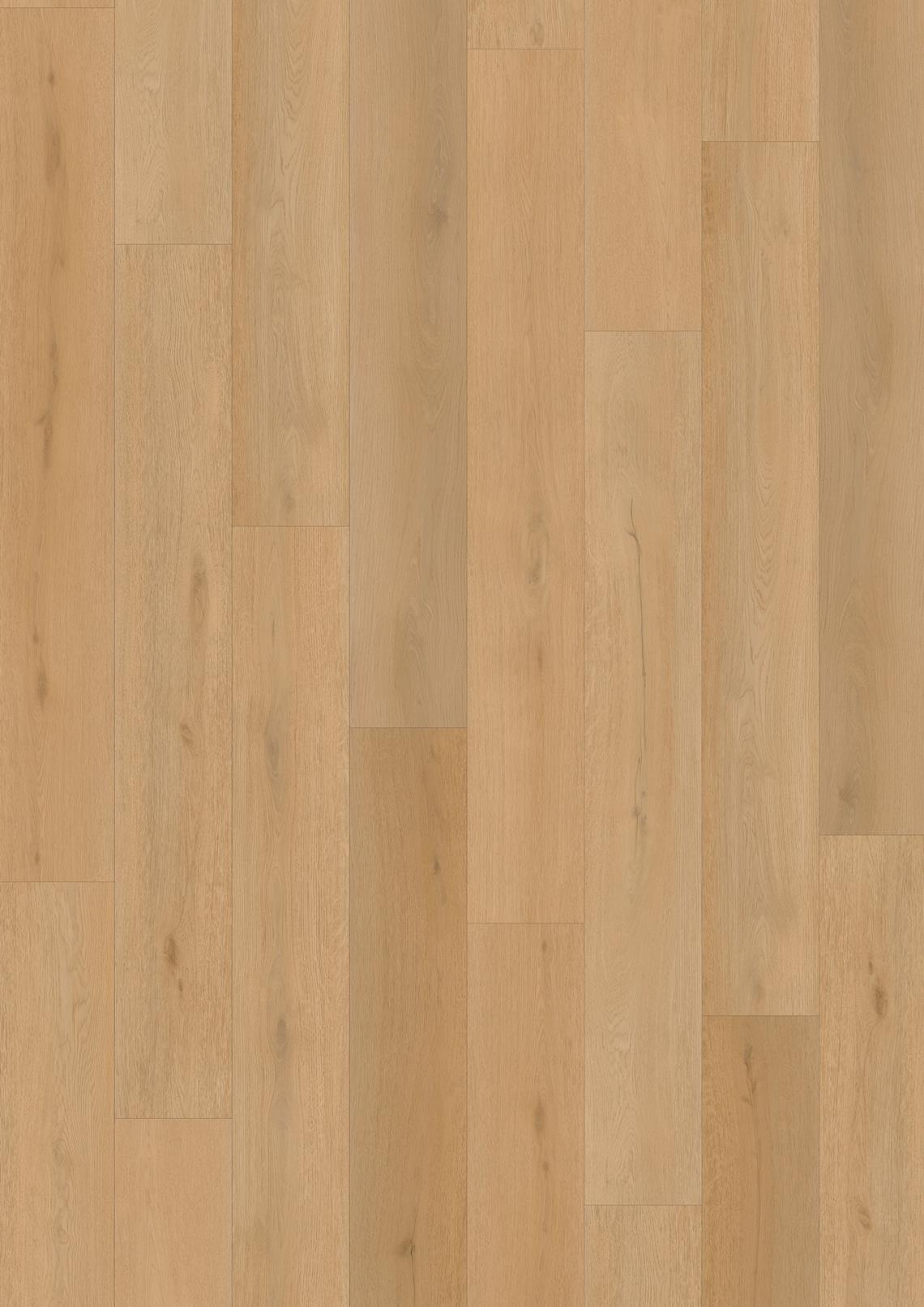 Plancher en chêne blond clair, lattes longues et étroites, motif naturel avec grain et nœuds subtils, pour une ambiance chaleureuse et lumineuse.